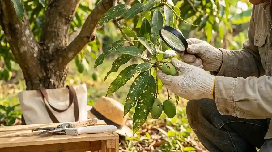 Inspecting a mango tree for common pests and diseases