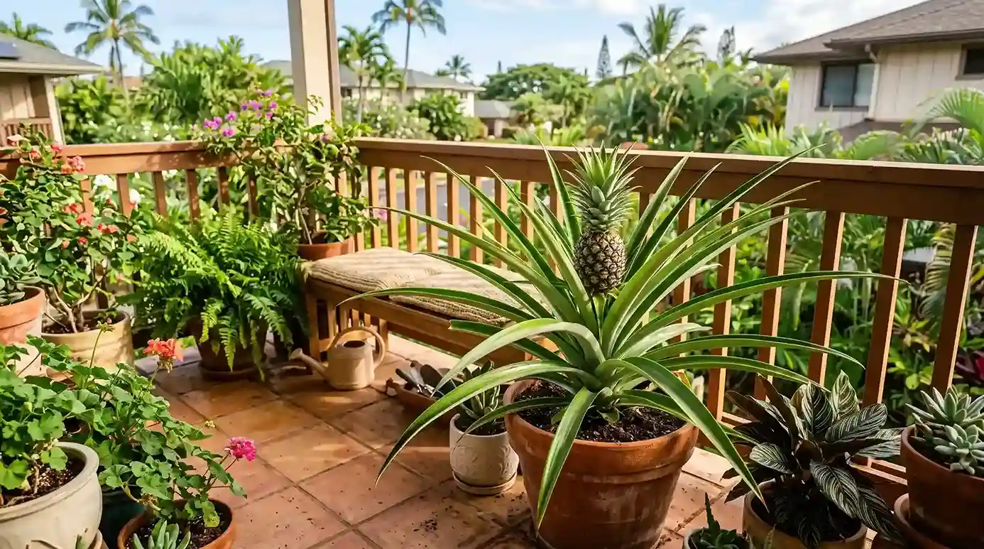 Thriving pineapple plant growing in a container on a sunny patio